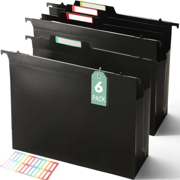 SortRax Plastic High Capacity Hanging File Folders, 4" Expanding Pocket with 2 Movable Dividers, Heavy Duty for Filing Cabinet, Insertable Tabs, Letter Size - 6 Pack