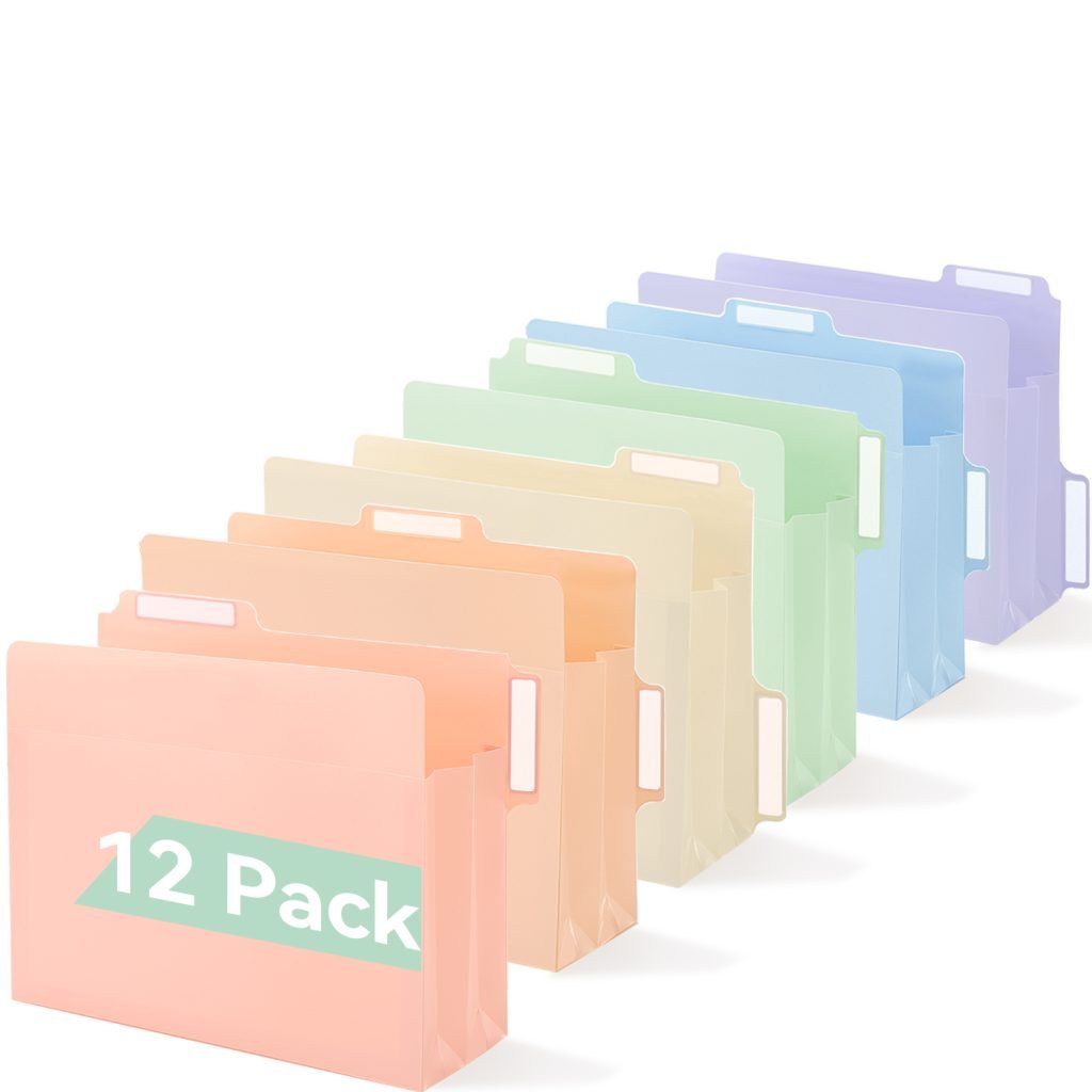 SortRax Plastic Pastel Expanding File Folder, 12 Pack, 4" Expansion Accordion Pocket, Unique 1/3 Cut Tabs with Colorful Labels, Letter Size