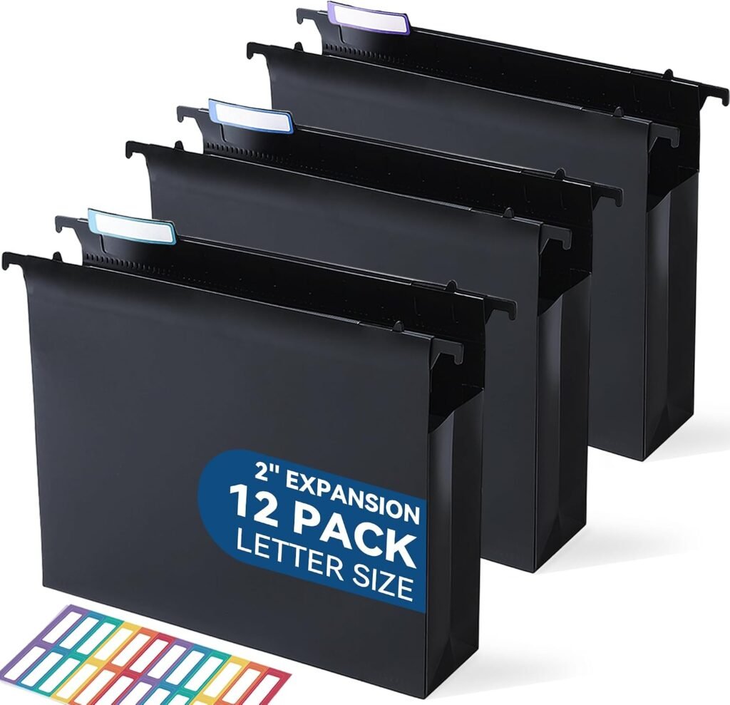 Plastic Hanging File Folders, 2" Expansion, Letter Size, Black
