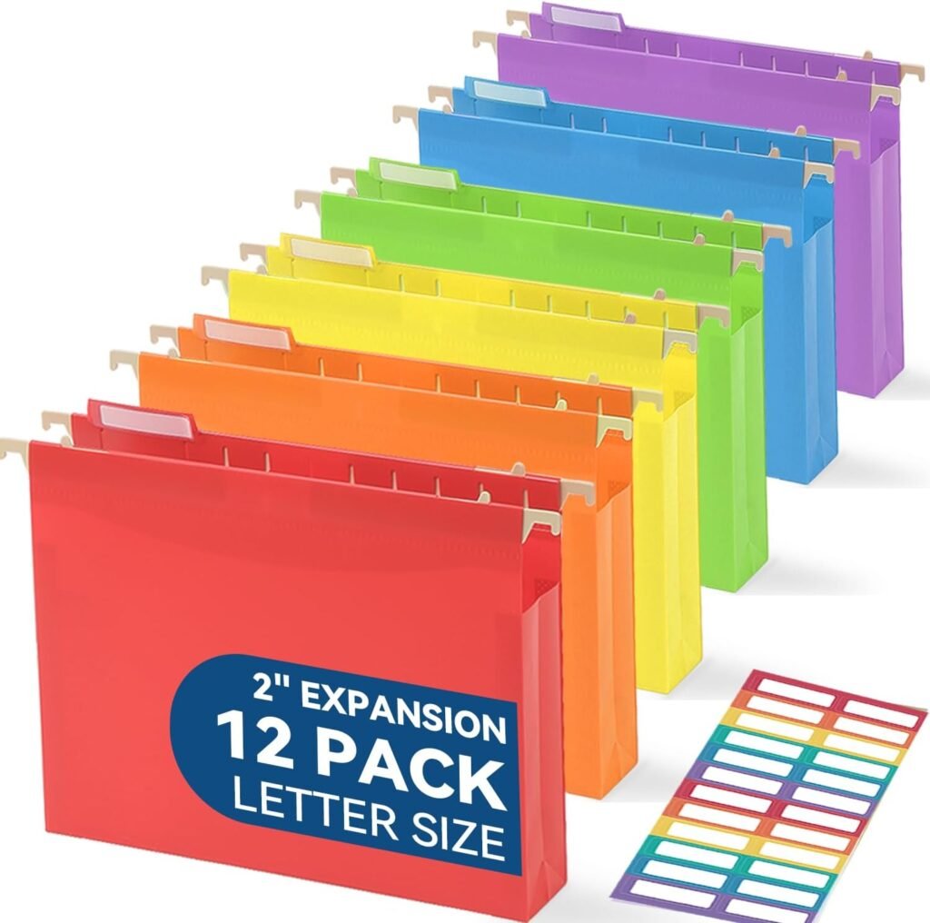 Plastic Hanging File Folders, 2" Expansion, Letter Size, Multicolor