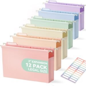 Legal Size Hanging File Folders, Plastic, 2" Expansion, Pastel