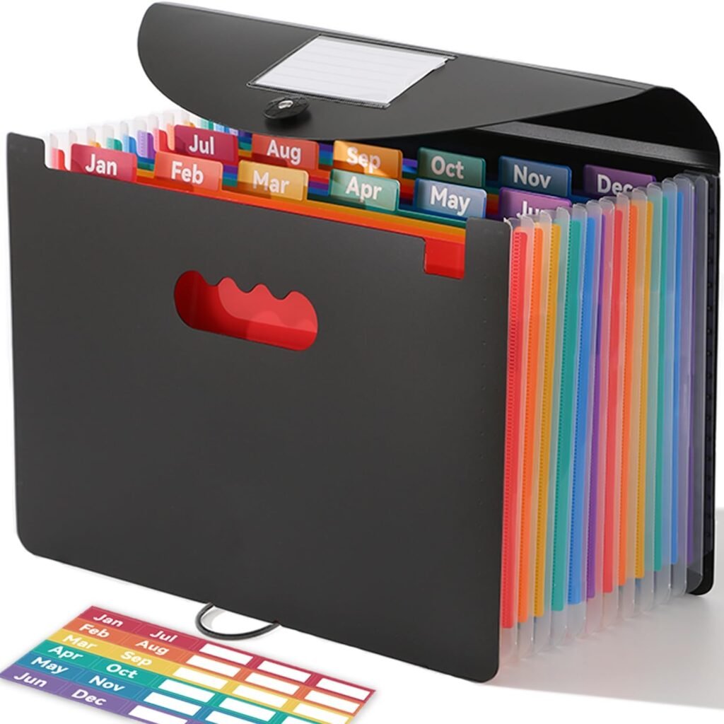 Monthly 12-Pocket Accordion File Organizer, Letter/A4 Size, Black