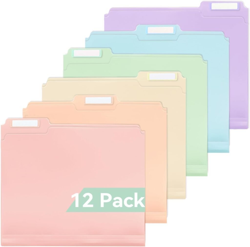 Plastic File Folders, Pastel Colors, Letter Size, 12-Pack